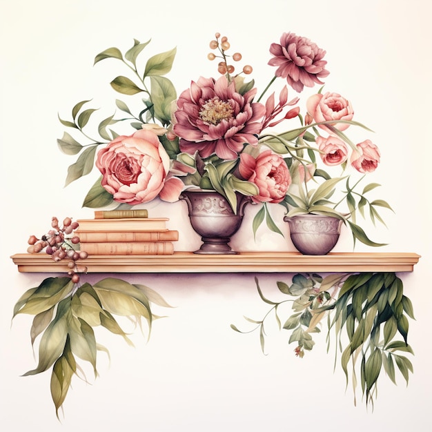 c'è un dipinto di uno scaffale con fiori e libri ai generativi