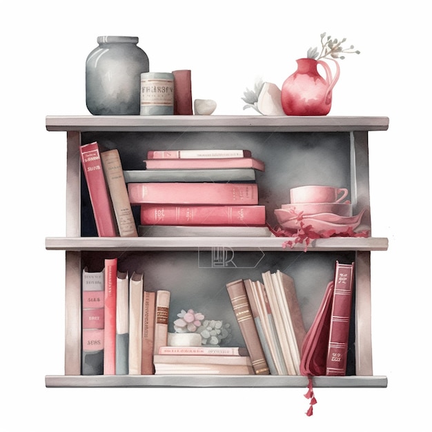 C'è un dipinto di uno scaffale con libri e vasi generativi ai