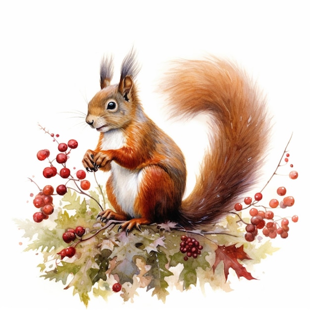 C'è un dipinto di uno scoiattolo seduto su un ramo con bacche generative ai