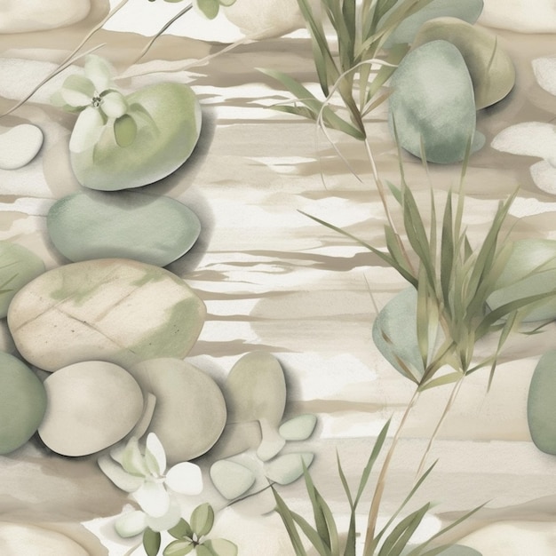 C'è un dipinto di uno stagno con rocce e fiori generativi ai