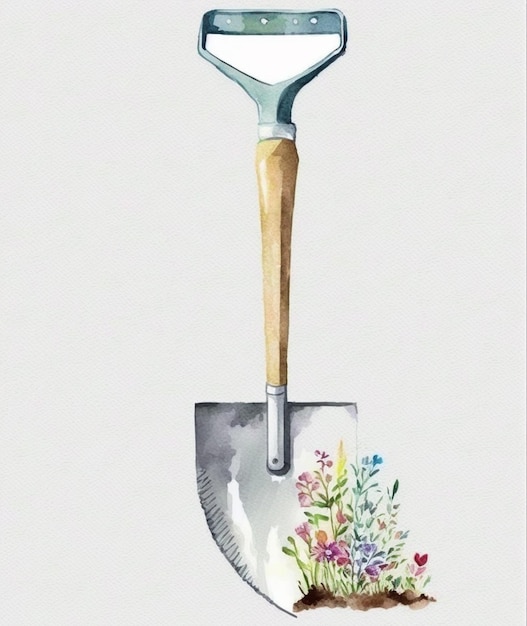 c'è un dipinto di uno strumento da giardino con un vaso da fiore generativo ai
