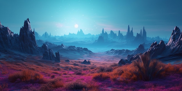 C'è un dipinto digitale di un deserto con una montagna sullo sfondo.