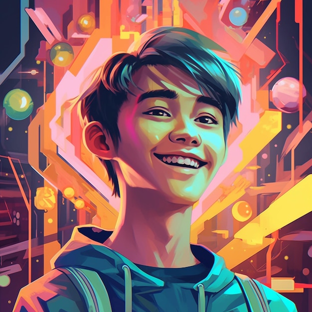 C'è un dipinto digitale di un ragazzo che sorride davanti a uno sfondo futuristico che genera l'IA