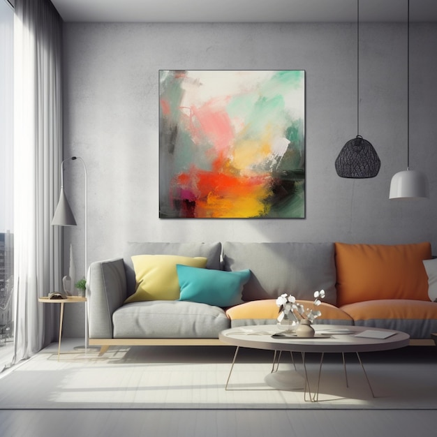 C'e' un dipinto sulla parete sopra un divano in un soggiorno.