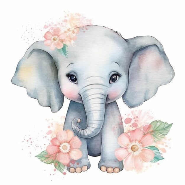 c'è un disegno ad acquerello di un elefante con fiori ai generativi