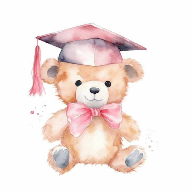 C'è un disegno ad acquerello di un orsacchiotto che indossa un berretto di laurea generativo ai