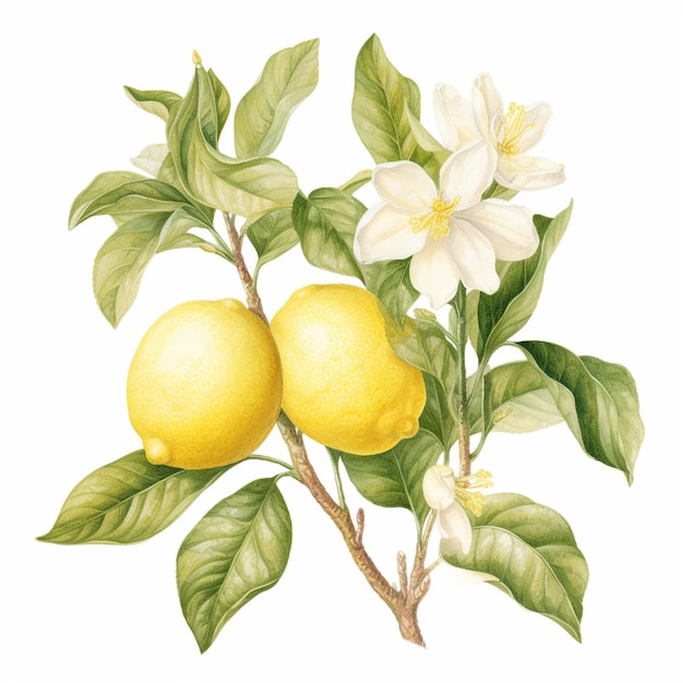 C'è un disegno di due limoni su un ramo con fiori generativi ai