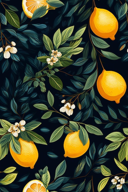 c'è un disegno di limoni e fiori su uno sfondo nero generativo ai