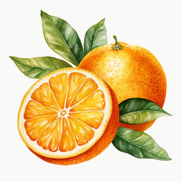 c'è un disegno di un'arancia con foglie su di esso generativo ai