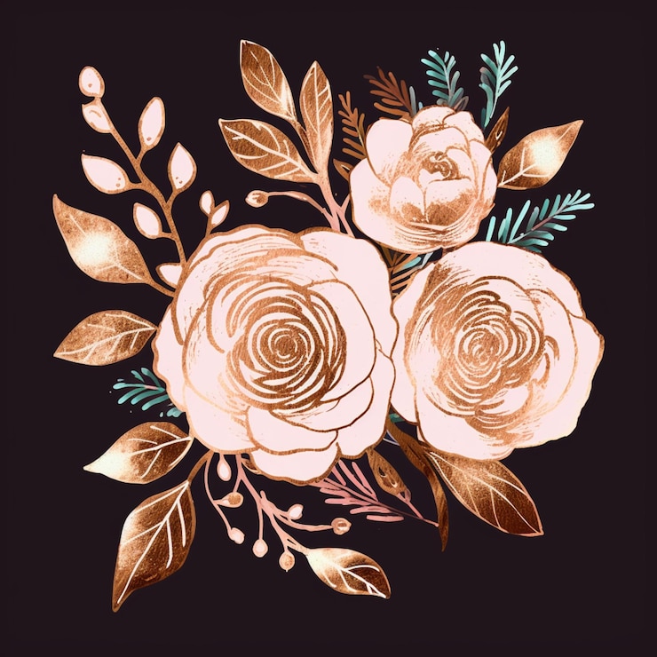 Foto c'è un disegno di un bouquet di rose con foglie e fiori generativi ai