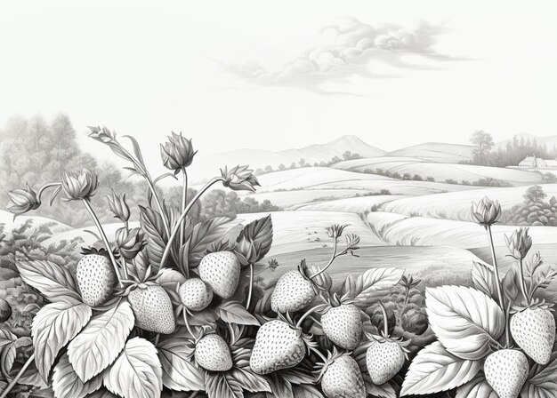 c'è un disegno di un campo con fragole e altre piante generative ai