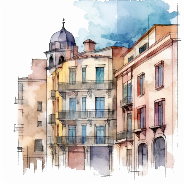 C'è un disegno di un edificio con una torre dell'orologio generativa ai