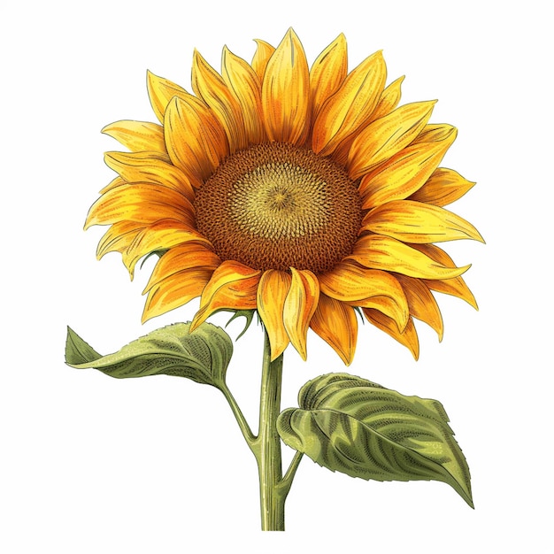 C'è un disegno di un girasole con uno stelo e foglie generative ai