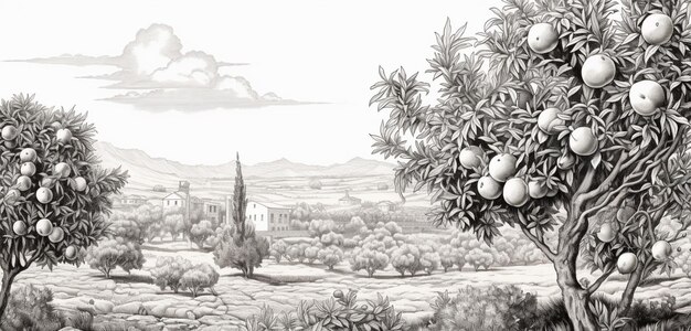 c'è un disegno di un paesaggio con alberi e frutta generativa ai