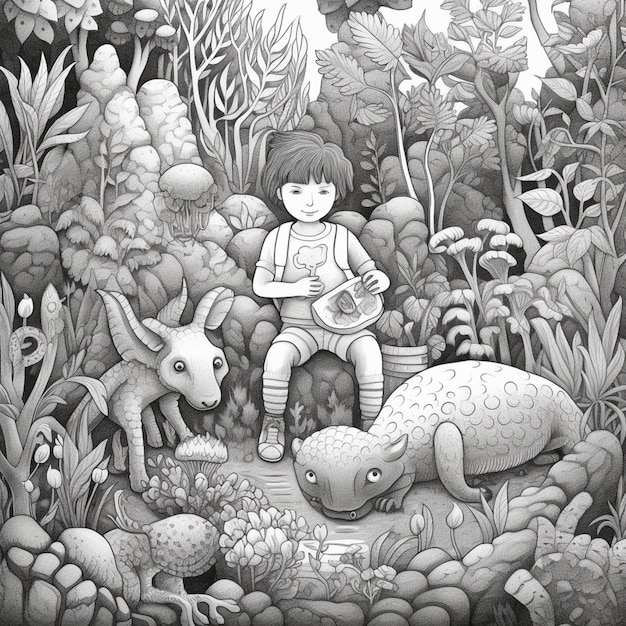 C'è un disegno di un ragazzo seduto su una roccia con animali generativi ai