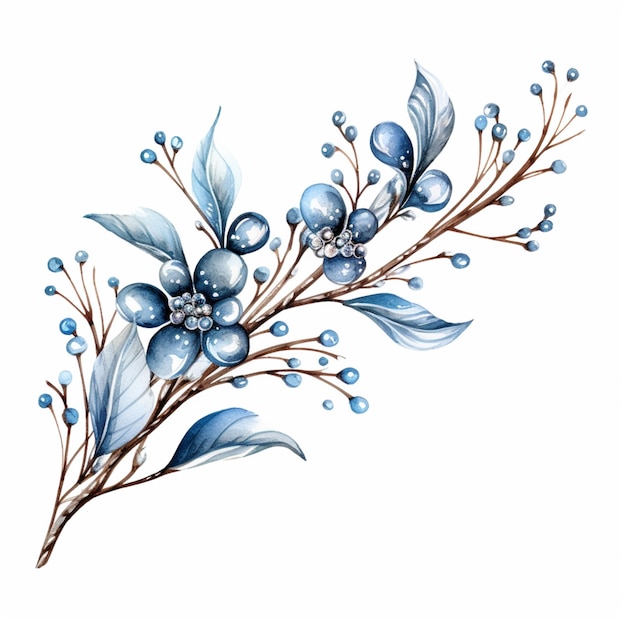 C'è un disegno di un ramo con bacche blu e foglie generative ai