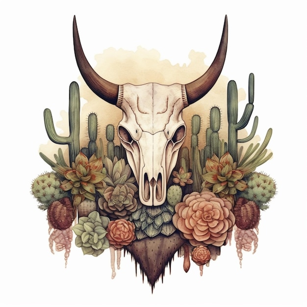 c'è un disegno di un teschio di toro con cactus e piante grasse ai generativi