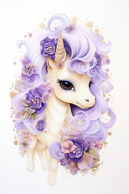 c'è un disegno di un unicorno con fiori viola su di esso ai generativa