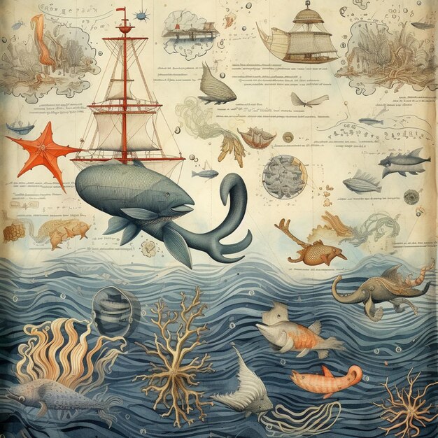 C'è un disegno di una balena e di altri animali nell'oceano generativo ai
