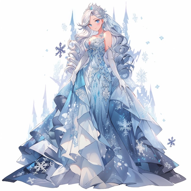 c'è un disegno di una donna in un vestito con fiocchi di neve generativo ai