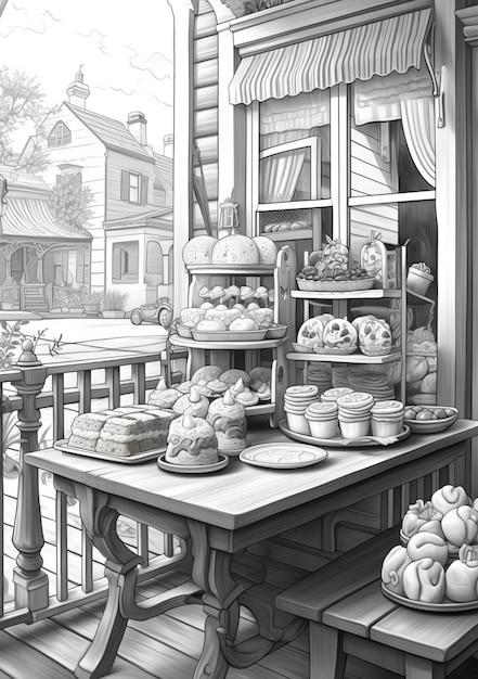 c'è un disegno di una panetteria con un sacco di pasticcini sul tavolo generativo ai