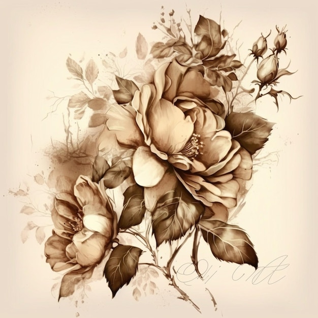 C'è un disegno di una rosa con foglie e fiori generativi ai