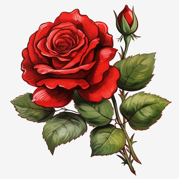 C'è un disegno di una rosa con foglie verdi su di essa generativa ai