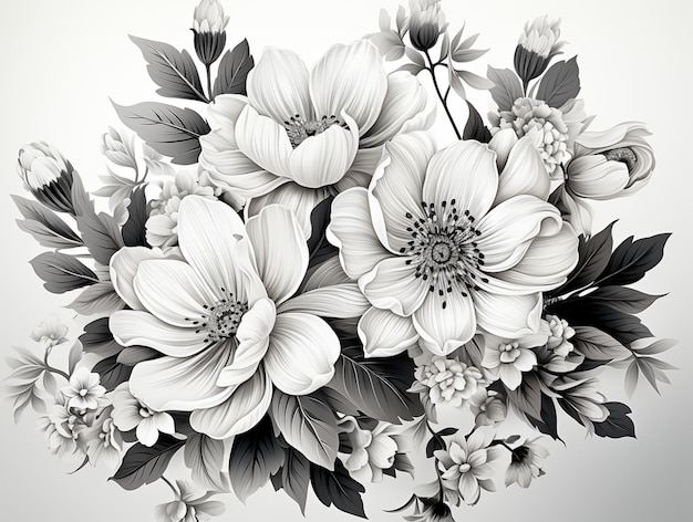 C'è un disegno in bianco e nero di un mazzo di fiori generativi ai