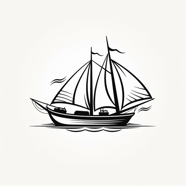 C'è un disegno in bianco e nero di una barca a vela sull'acqua generativa ai