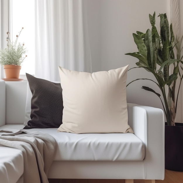 C'è un divano bianco con un cuscino bianco e una pianta generativa ai