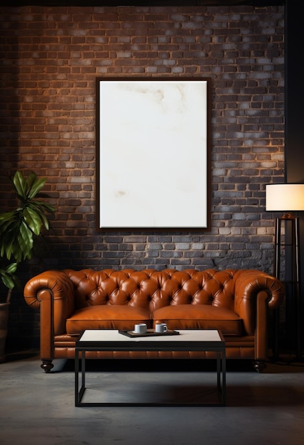 C'è un divano di pelle marrone in un soggiorno con una cornice generativa ai