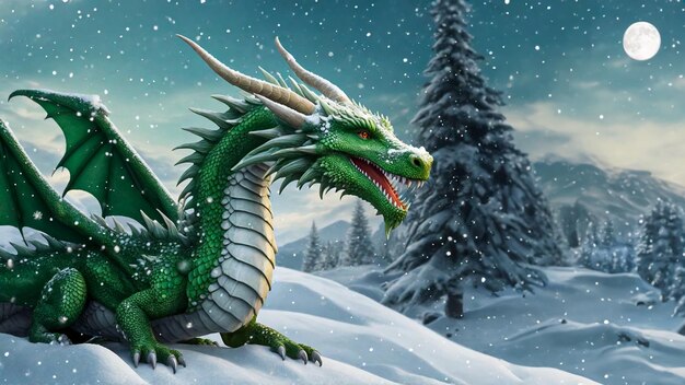 C'è un drago seduto nella neve, un drago di Natale verde nel bosco generato dall'IA.