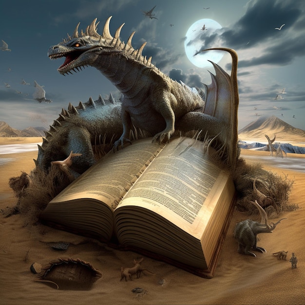 C'è un drago seduto sopra un libro aperto generativo ai