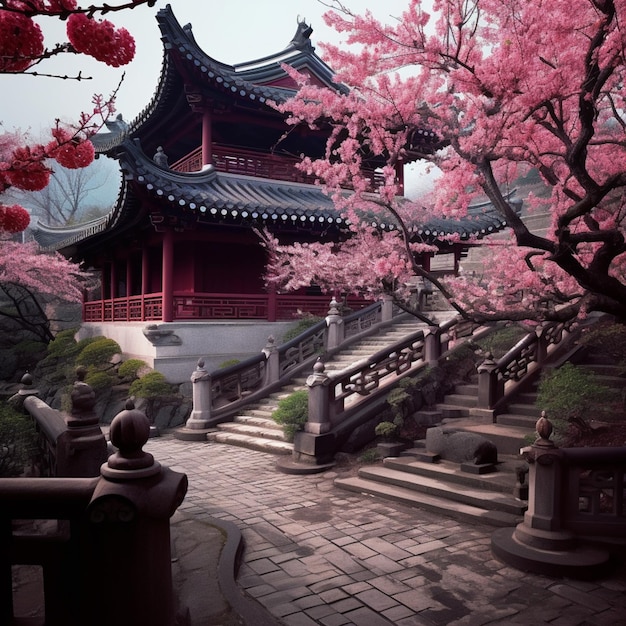 c'è un edificio con una pagoda sullo sfondo e un albero con fiori rosa generativi ai