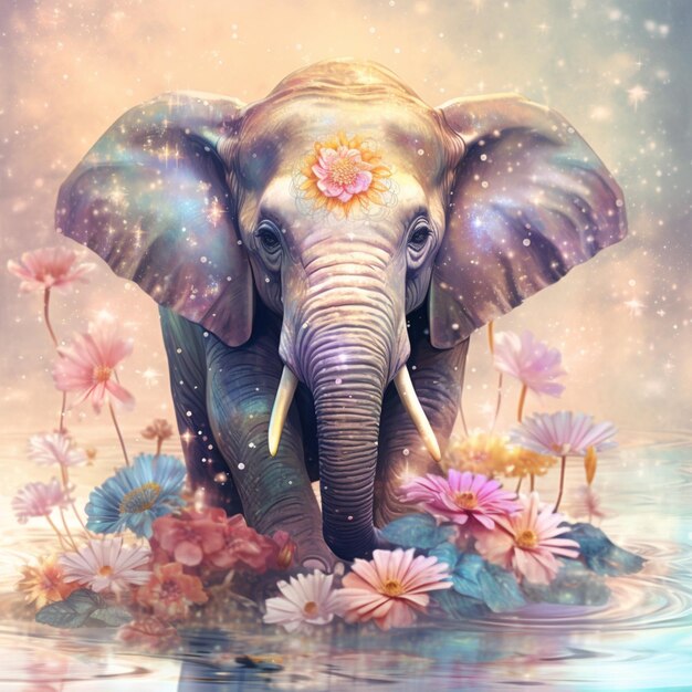 c'è un elefante che sta nell'acqua con fiori generativi ai