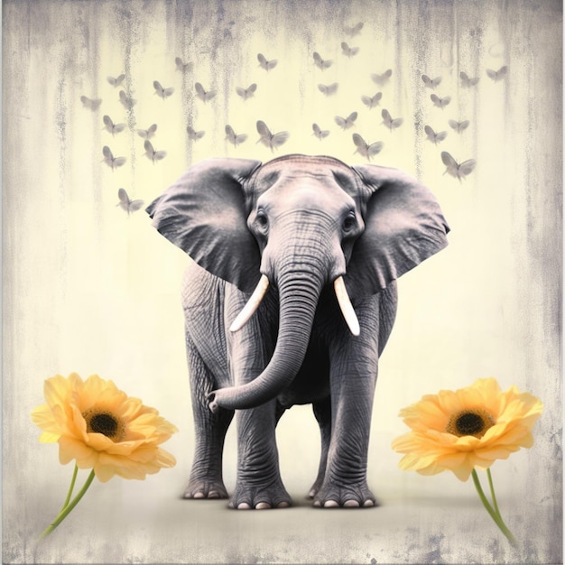c'è un elefante in piedi di fronte a un bouquet di fiori generativo ai