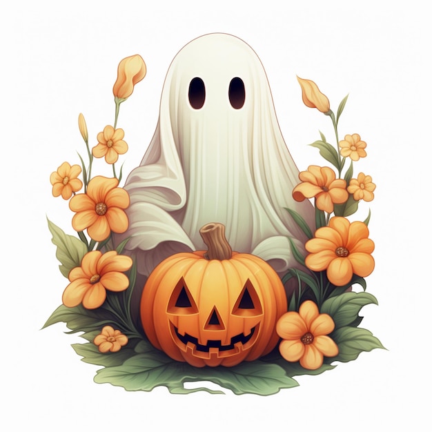 c'è un fantasma con una zucca e fiori intorno a esso generativo ai