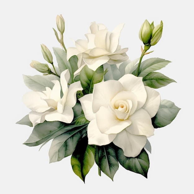 C'è un fiore bianco con foglie verdi su uno sfondo bianco generativo ai