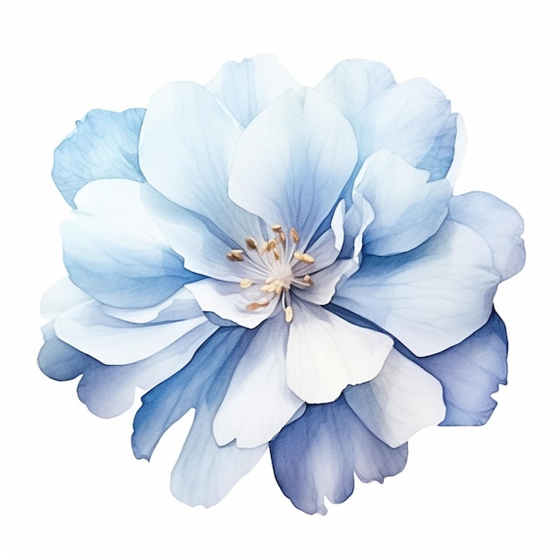 C'è un fiore blu che si trova su uno sfondo bianco ai generativo