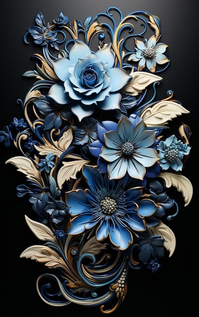 C'è un fiore blu con foglie d'oro e fiori su di esso generativo ai