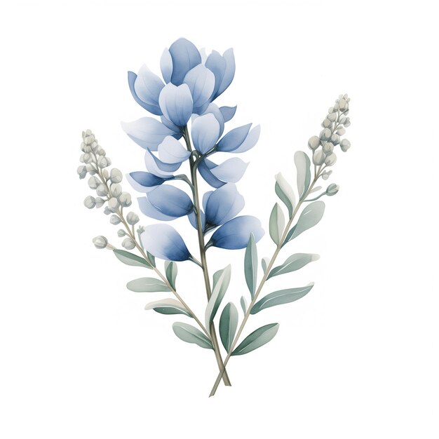 c'è un fiore blu con foglie e bacche su uno sfondo bianco generativo ai