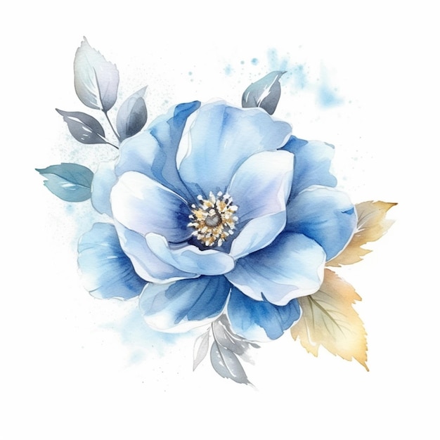 C'è un fiore blu con foglie su uno sfondo bianco ai generativo