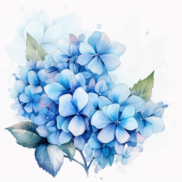 C'è un fiore blu con foglie verdi su uno sfondo bianco ai generativo