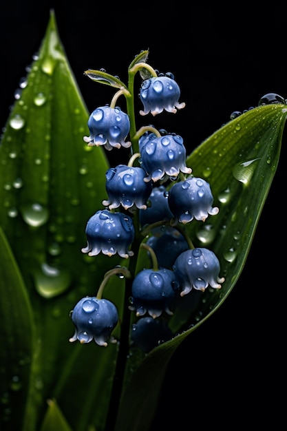 c'è un fiore blu con gocce d'acqua su di esso ai generativa