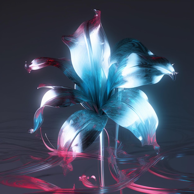 C'è un fiore blu con petali rossi e bianchi su uno sfondo nero ai generativo