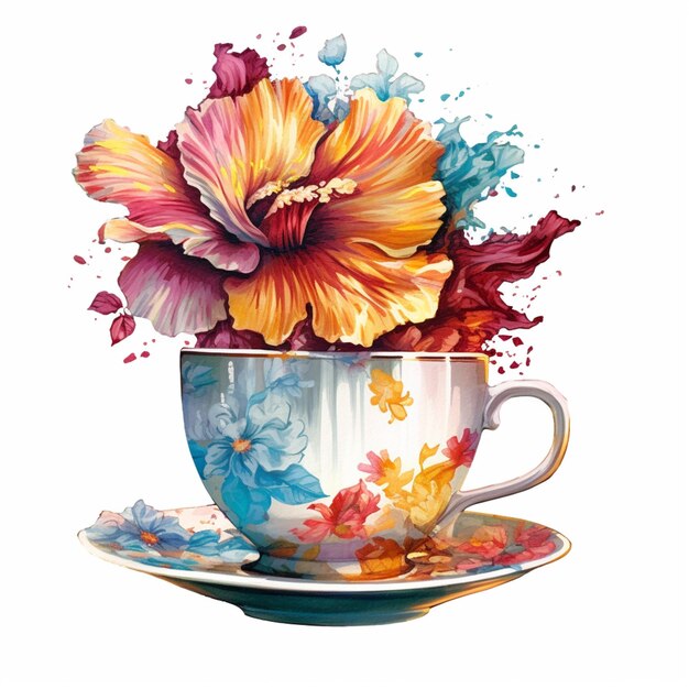 c'è un fiore colorato in una tazza da tè su un piattino generativo ai