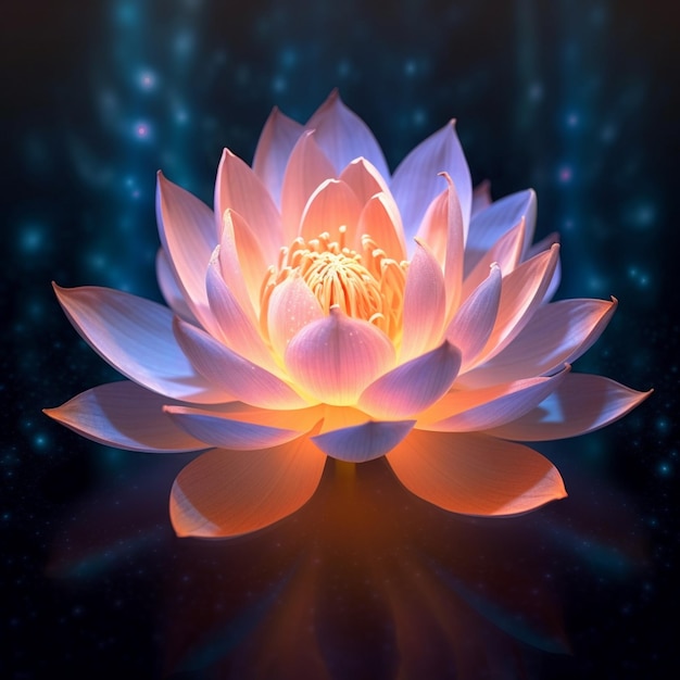 C'è un fiore di loto con un centro luminoso su uno sfondo scuro ai generativo