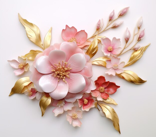 c'è un fiore rosa con foglie dorate su una superficie bianca ai generativa