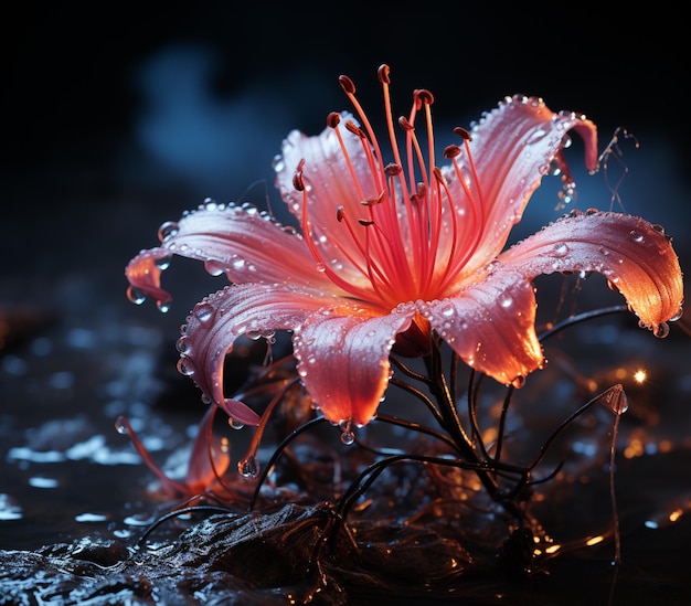 c'è un fiore rosa con gocce d'acqua su di esso generativo ai