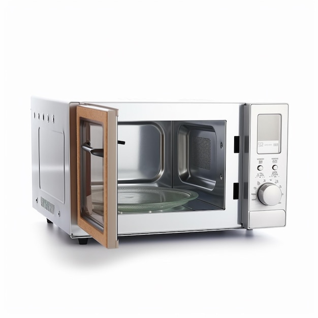 C'è un forno a microonde con una porta aperta su uno sfondo bianco ai generativo
